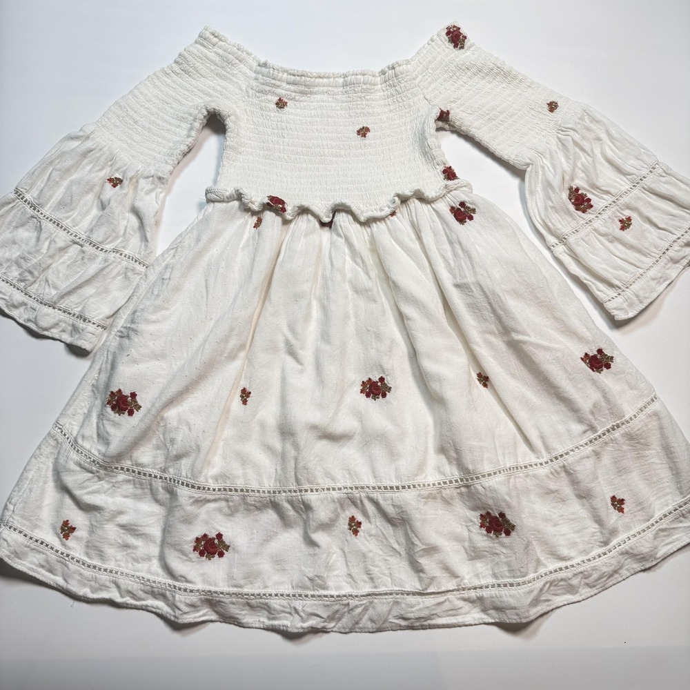 Free People Off Shoulder Boho Dress Womens XS White Floral Smocked Bell Sleeve